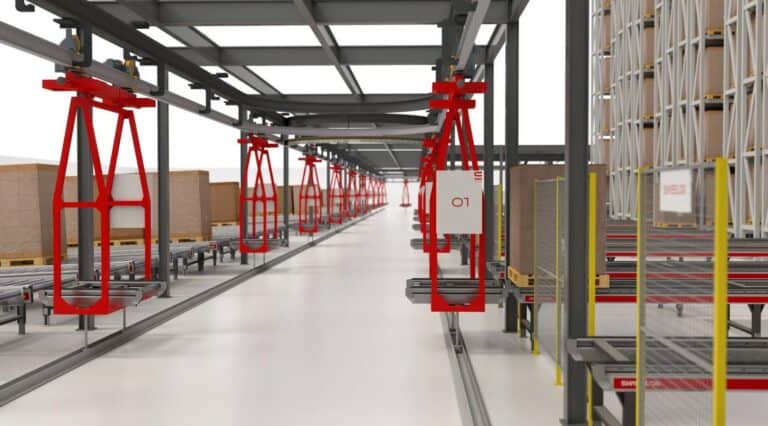 Swisslog FastMove monorail vehicles transporting pallets in an automated warehouse. Description: