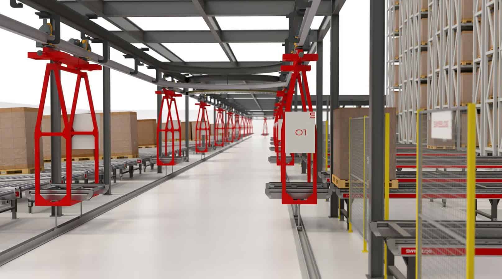 Swisslog FastMove monorail vehicles transporting pallets in an automated warehouse. Description: